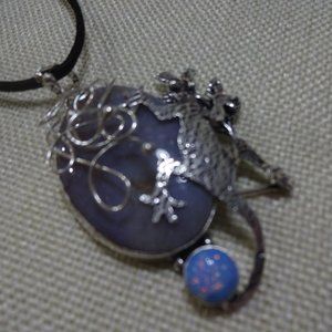 Artistic "BLUE AGATE & FIRE OPAL" LIZARD Handmade Sterling Pendant/Leather 784A